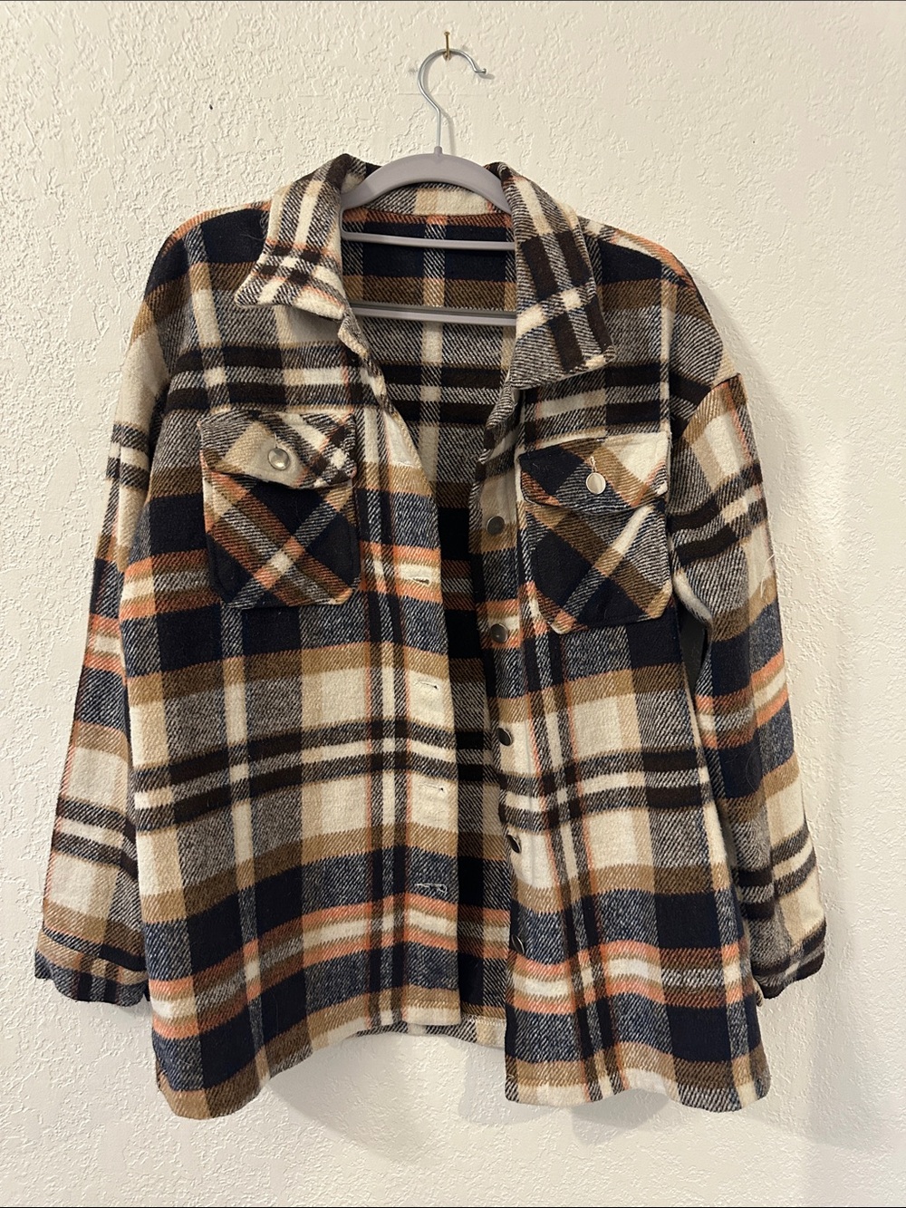 Vici Plaid Flannel Shirt Jacket in Navy, Cream & Orange